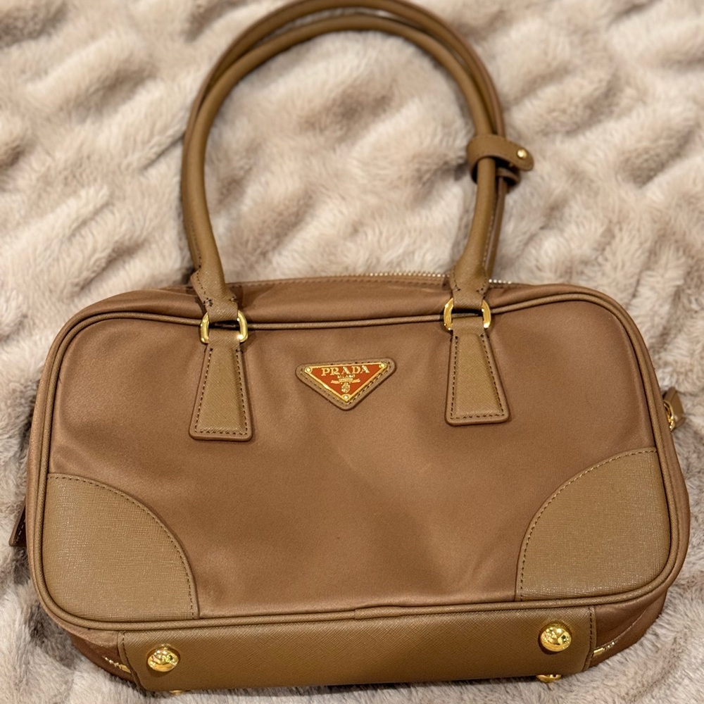 Luxury Inspired Brown Nylon & Faux Leather Shoulder Bag with Gold Logo
